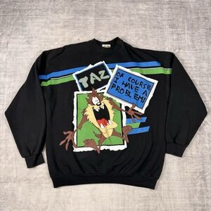 Vtg Looney Tunes Sweatshirt Mens XL Black Tasmanian Devil Mega Print Crewneck